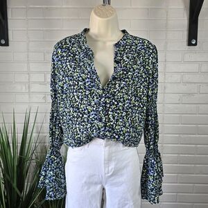 Michael Kors Floral Ruffle Sleeve Crepe Blouse Blue and Green Medium